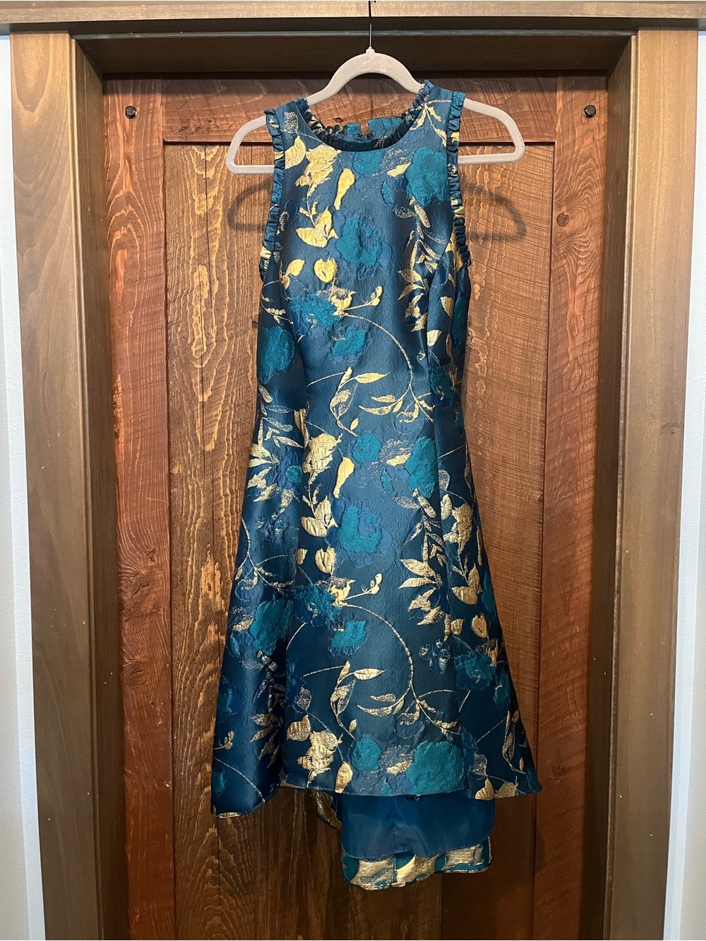 Adrianna Papell Teal and Gold Floral Jacquard Prom Dress